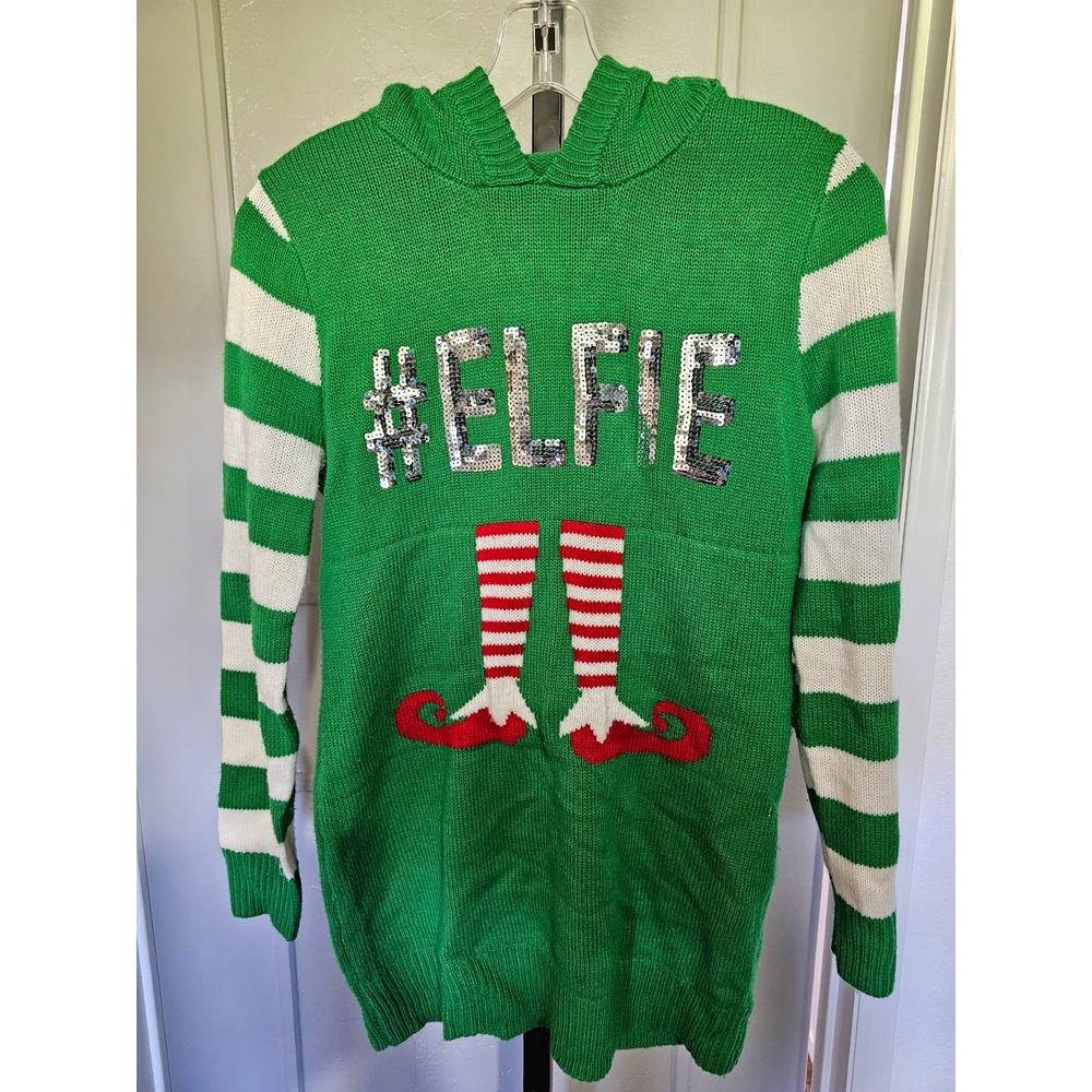 No Boundaries Kids Elf Christmas Sweater Youth M 7-9 Green #ELFIE Sequin Hooded